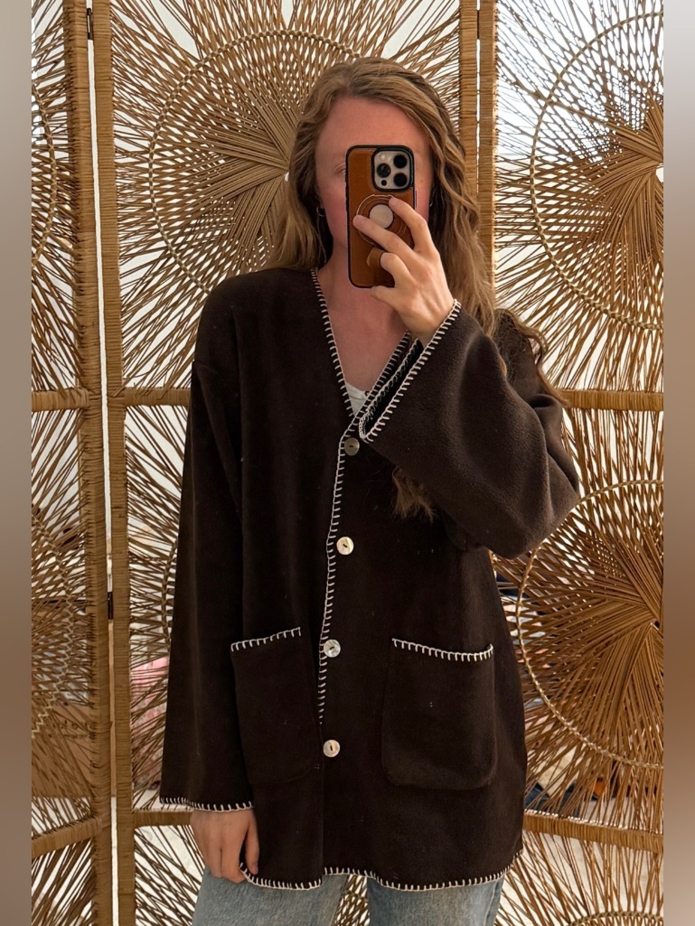 Donni Polar Fleece Brown Button-Front Contrast Stitch Cardigan XS